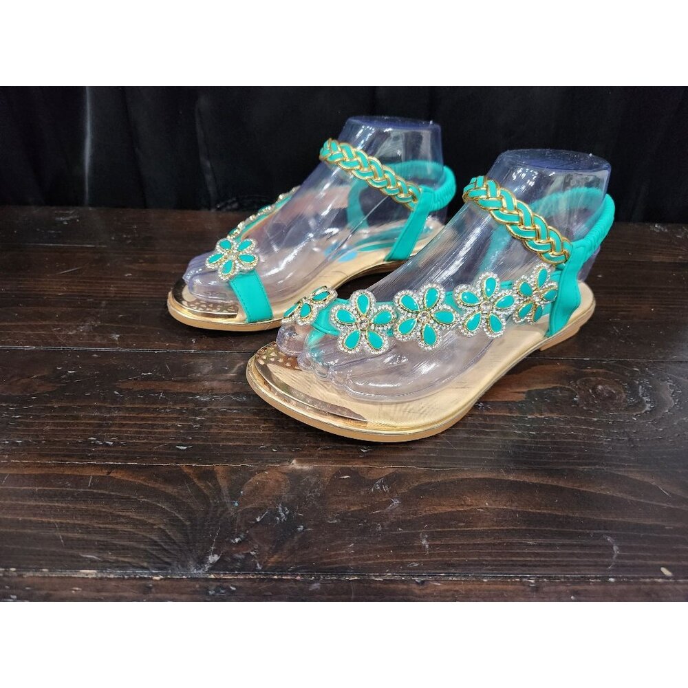 Women's Teal Floral Embellished Flat Sandals